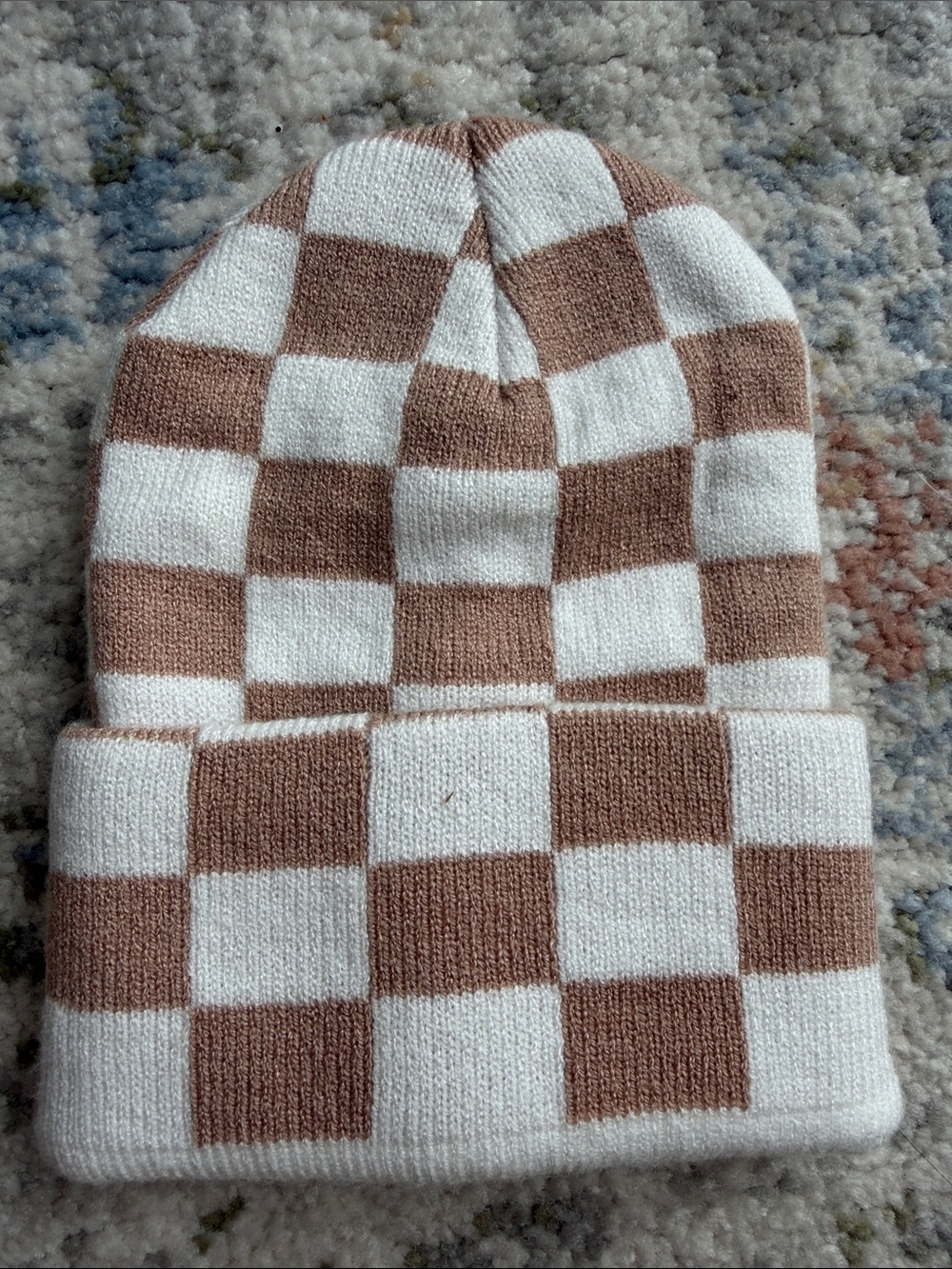 Newborn Checkerboard Knit Beanie in Cream and Brown